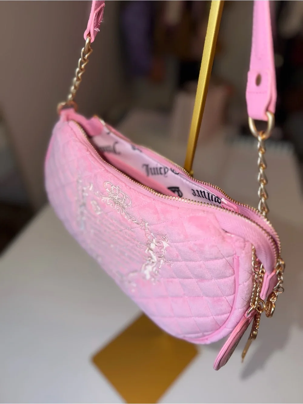 Juicy Couture Pink Velour Quilted Shoulder Bag w/ Heart Mirror & Key Charm gold